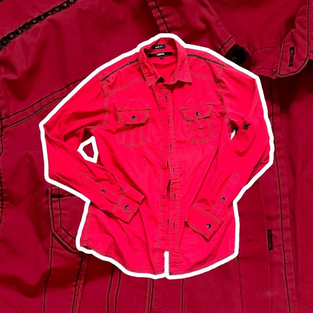 vintage western inspired slim fit red Carbon button up with detailed stitching